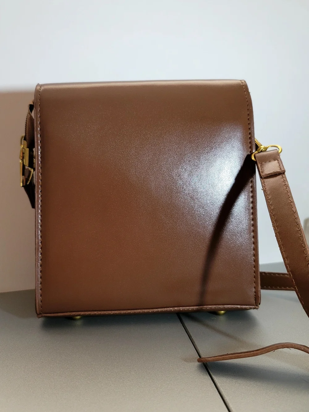 Brown Structured Crossbody Bag with Gold Hardware